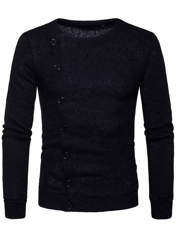 

Crew Neck Oblique Button Up Knitted Cardigan, Black