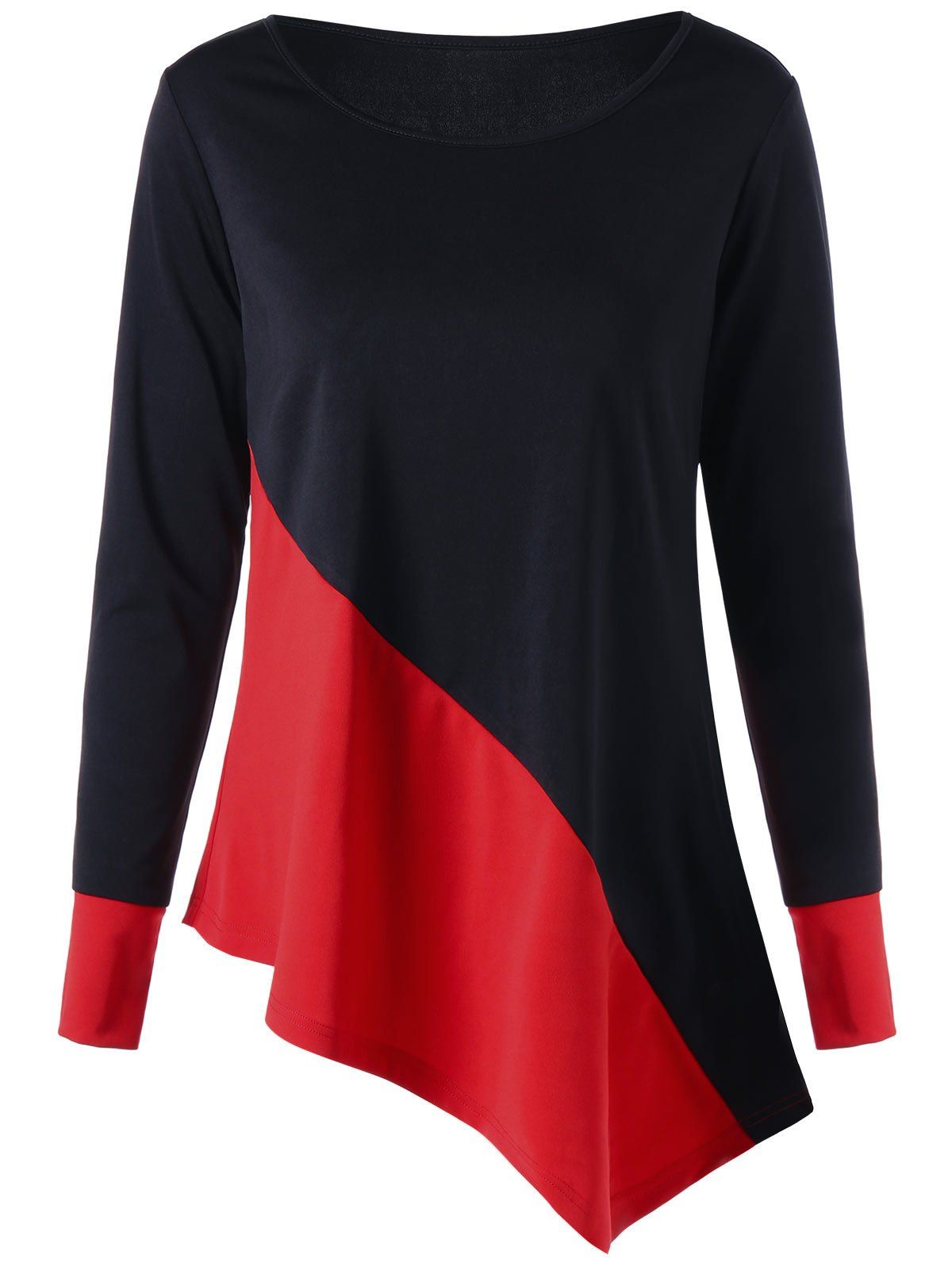 

Long Sleeve Color Block Asymmetric Top, Red with black