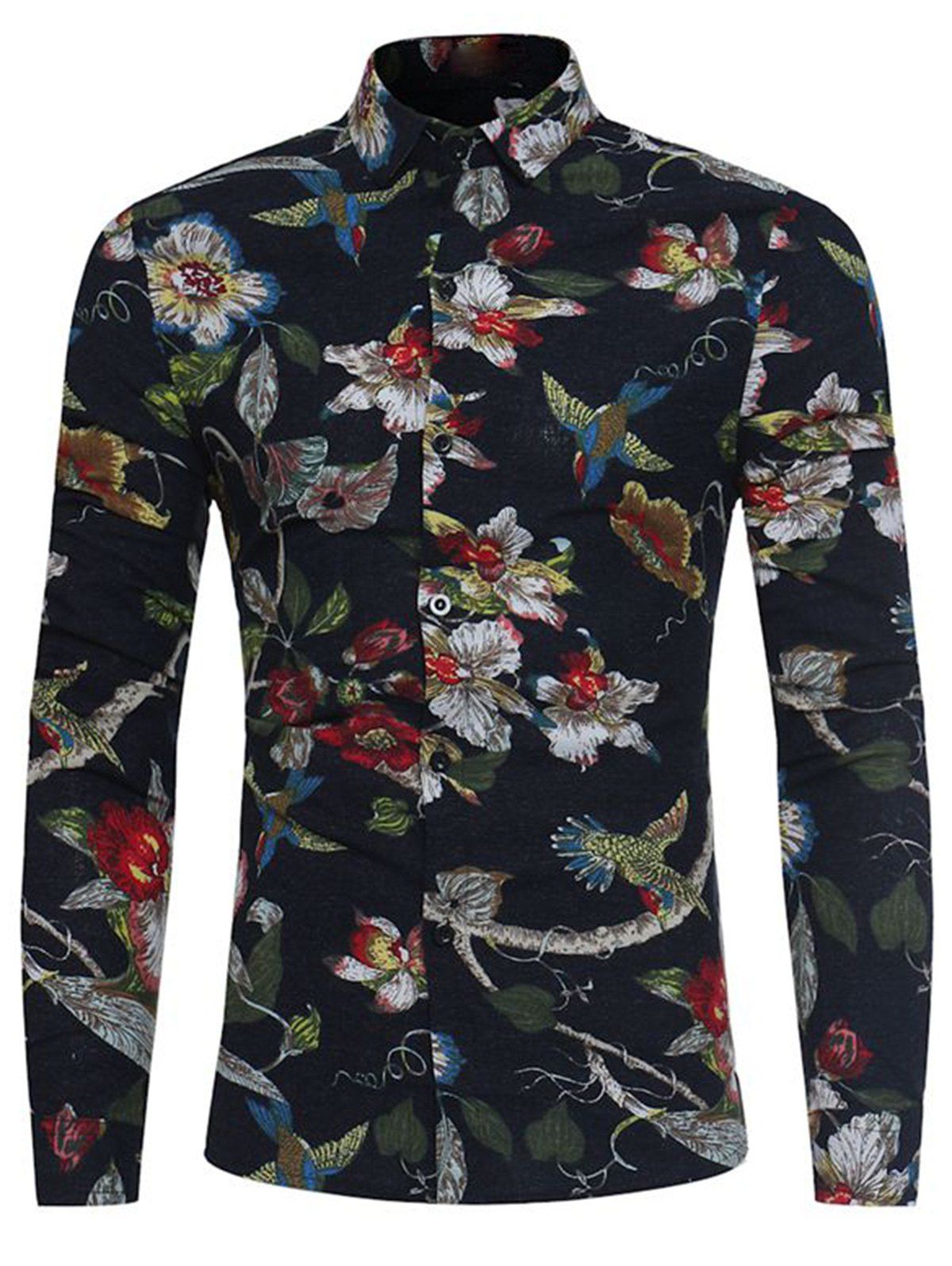 

Birds Florals 3D Print Cotton Linen Shirt, Black