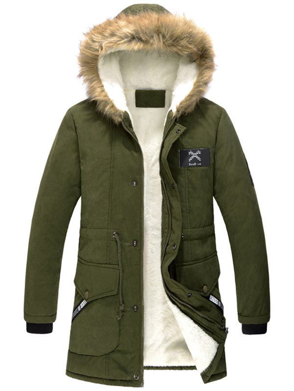 

Flap Pocket Drawstring Flocking Hooded Parka Jacket, Army green