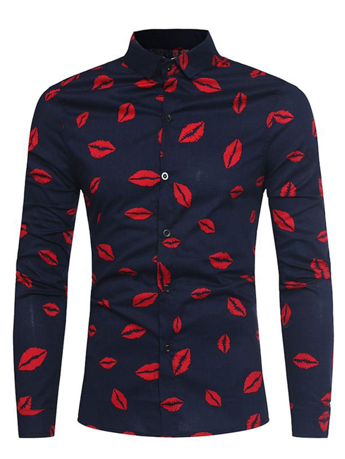 

Turndown Collar Red Lips Print Shirt, Cadetblue