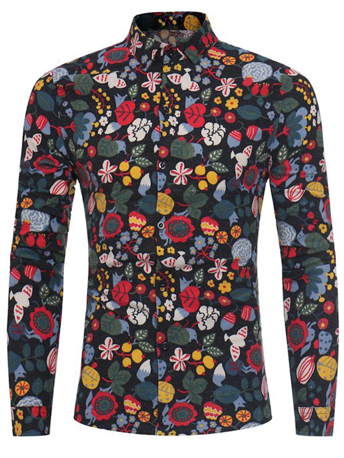 

Cotton Linen Florals Cartoon Print Shirt, Black