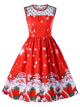 Christmas Snowflake Santa Claus Print Polka Dots Mesh Insert Midi Dress
