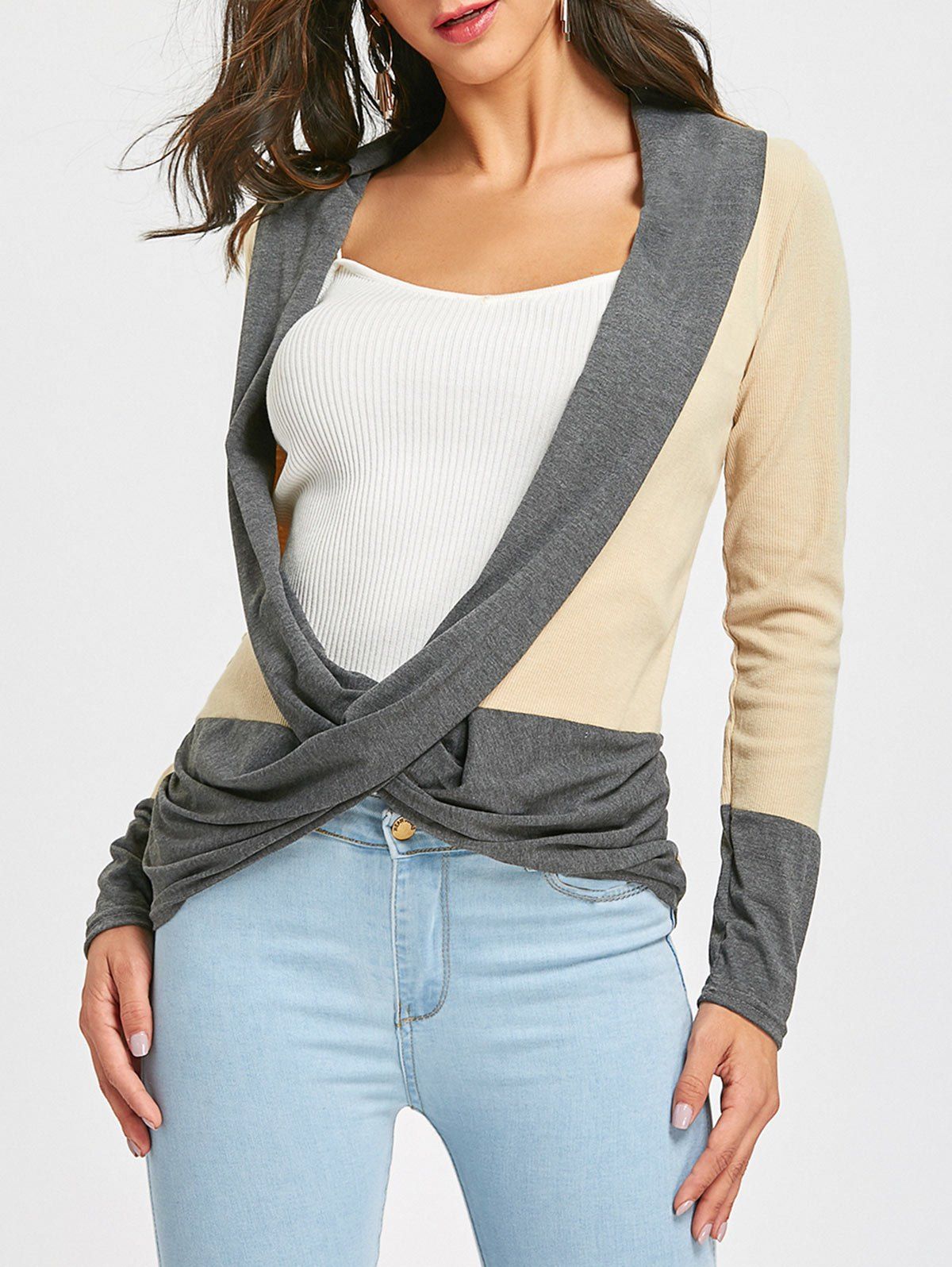 Long Sleeve Ribbed Wrap Top - BEIGE L