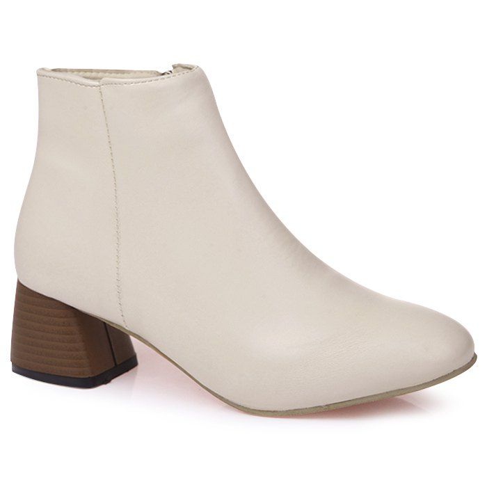 

Stacked Heel Almond Toe Side Zip Ankle Boots, Beige