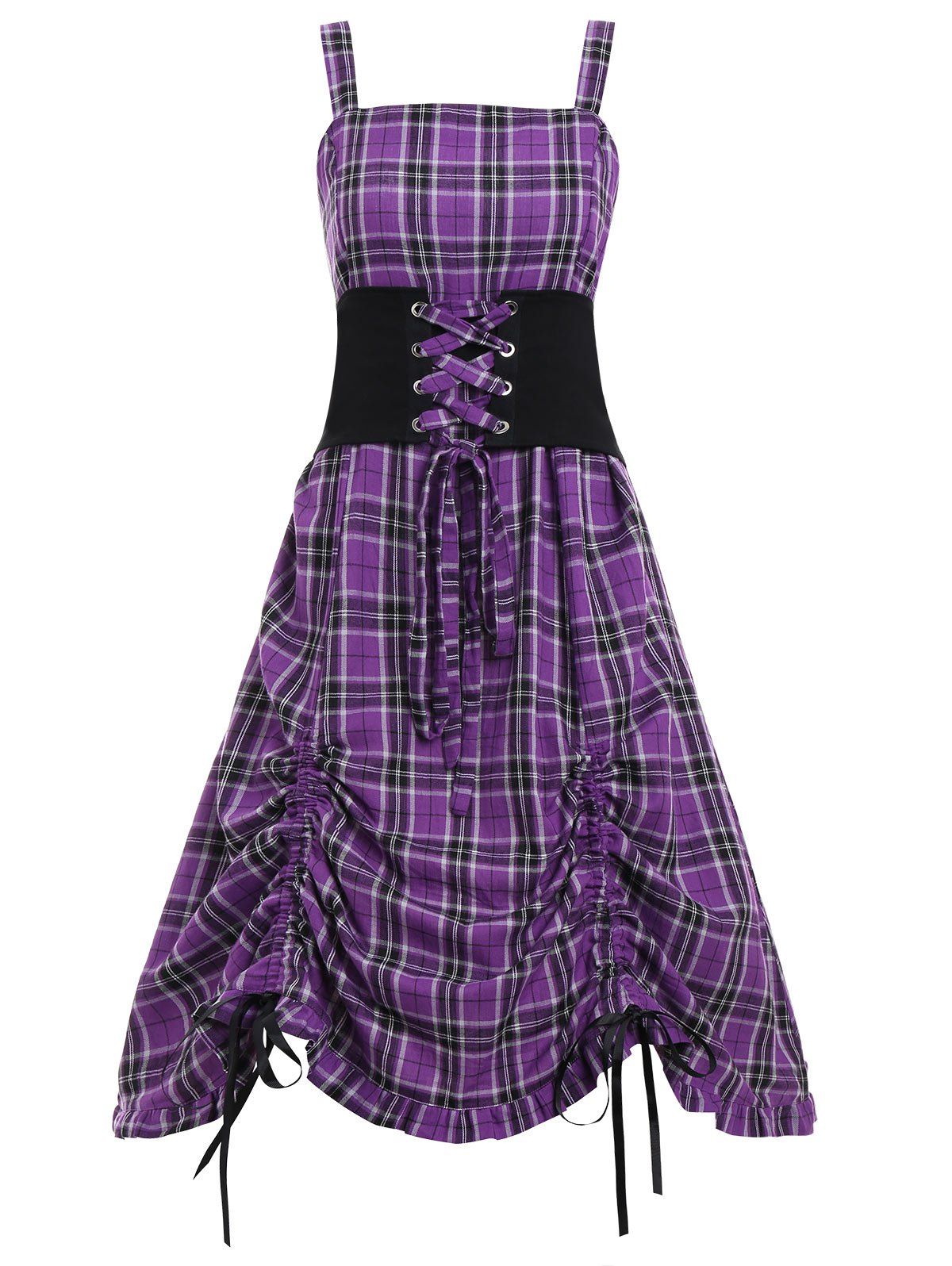 

Plus Size Lace Up Corset Waist Plaid Dress, Purple