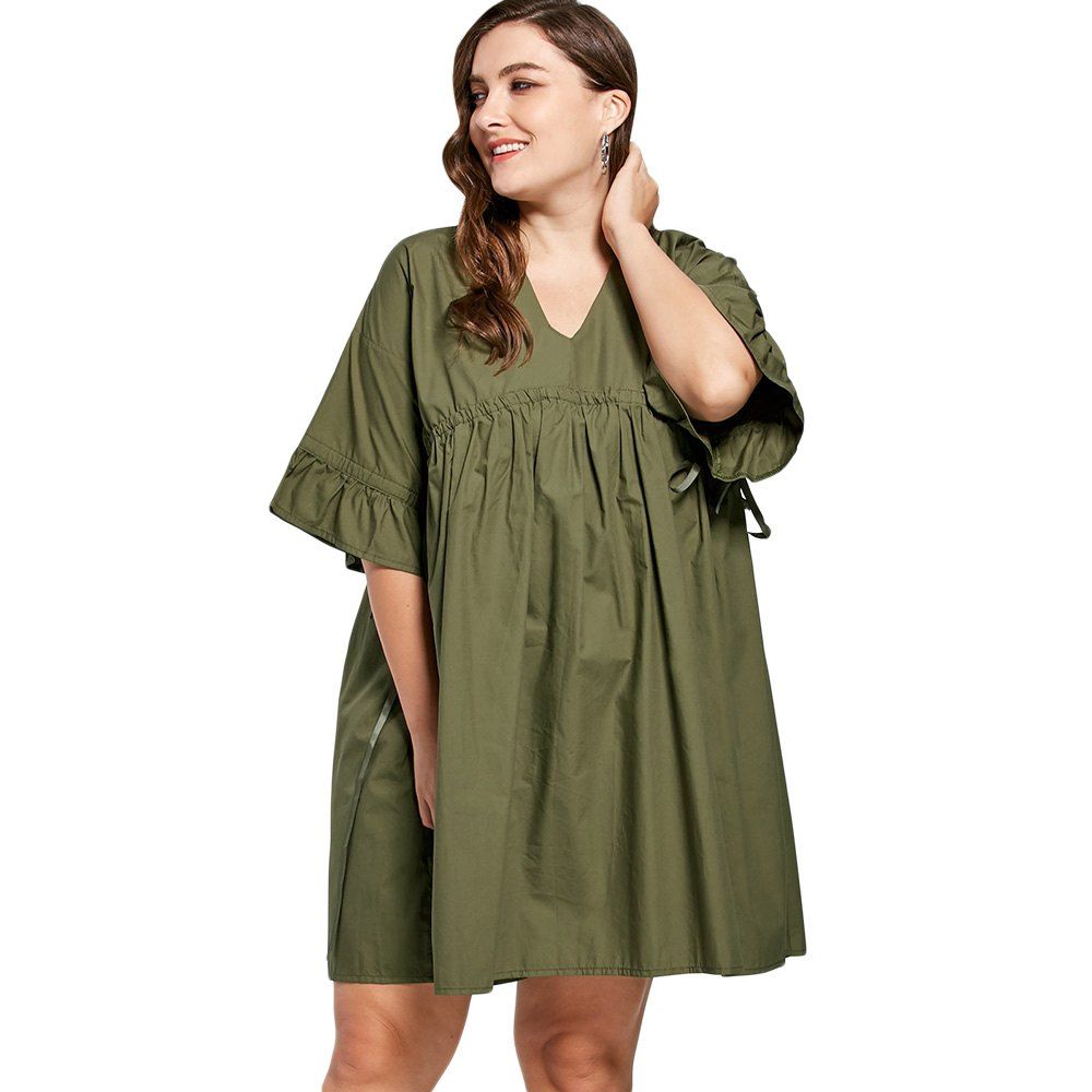 

Plus Size Flare Sleeve Babydoll Dress, Army green