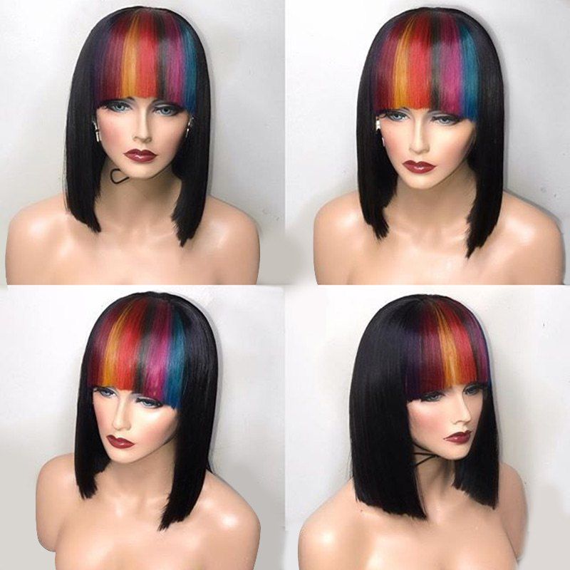 

Short Colored Neat Bang Straight Bob Synthetic Wig, Colormix