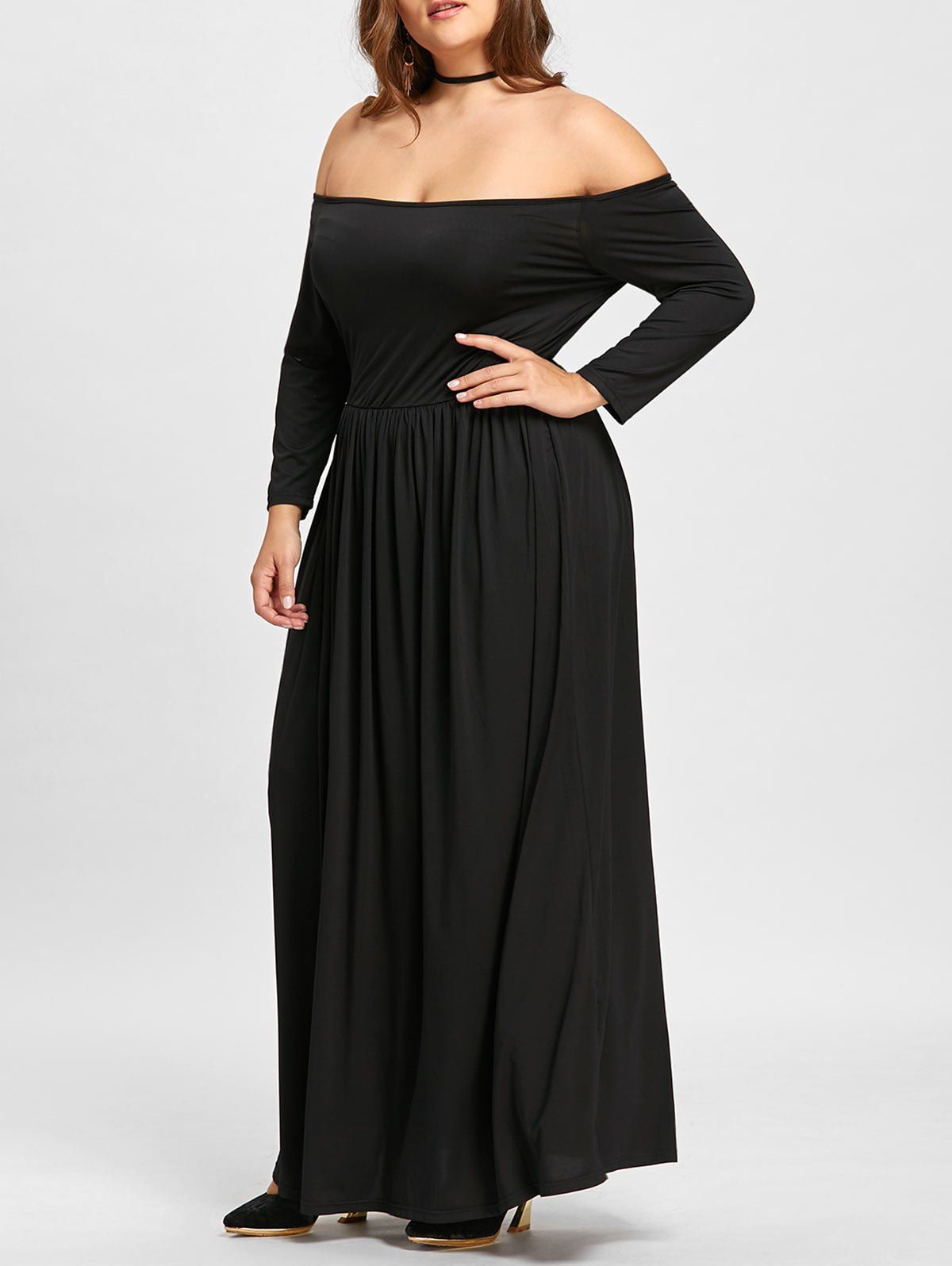 

Off The Shoulder Empire Waist Plus Size Maxi Formal Dress, Black