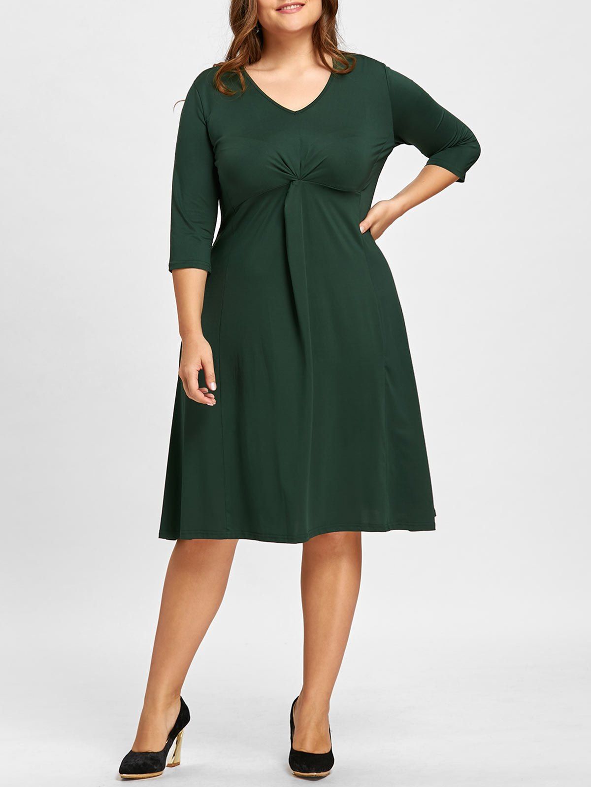 

Plus Size Jersey Knot Midi V Neck Dress, Blackish green