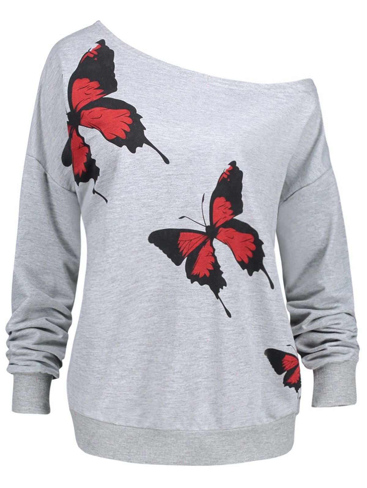

Plus Size Butterfly Pattern Skew Neck Sweatshirt, Gray