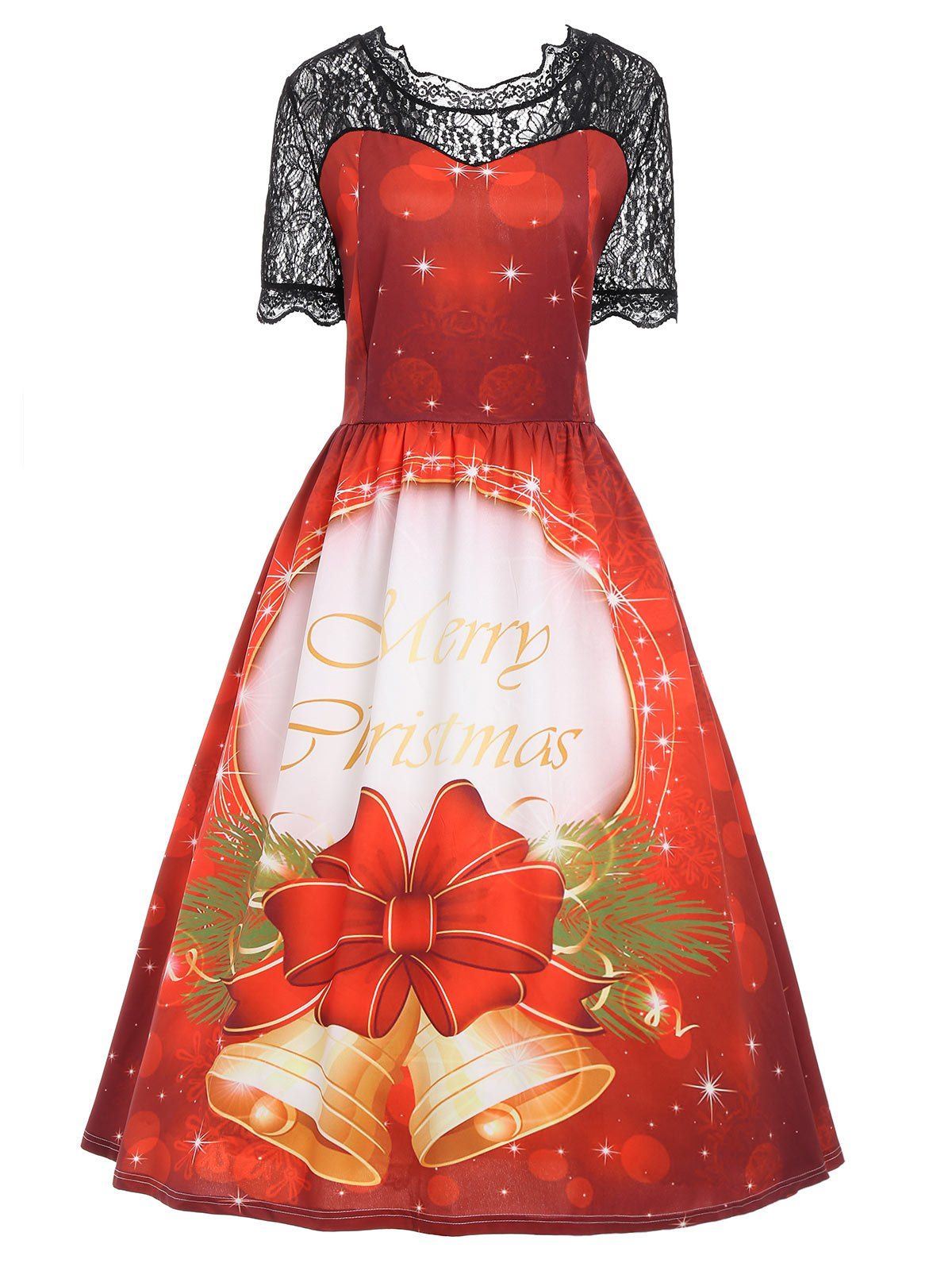 

Christmas Bell Lace Panel Plus Size Vintage Dress, Red