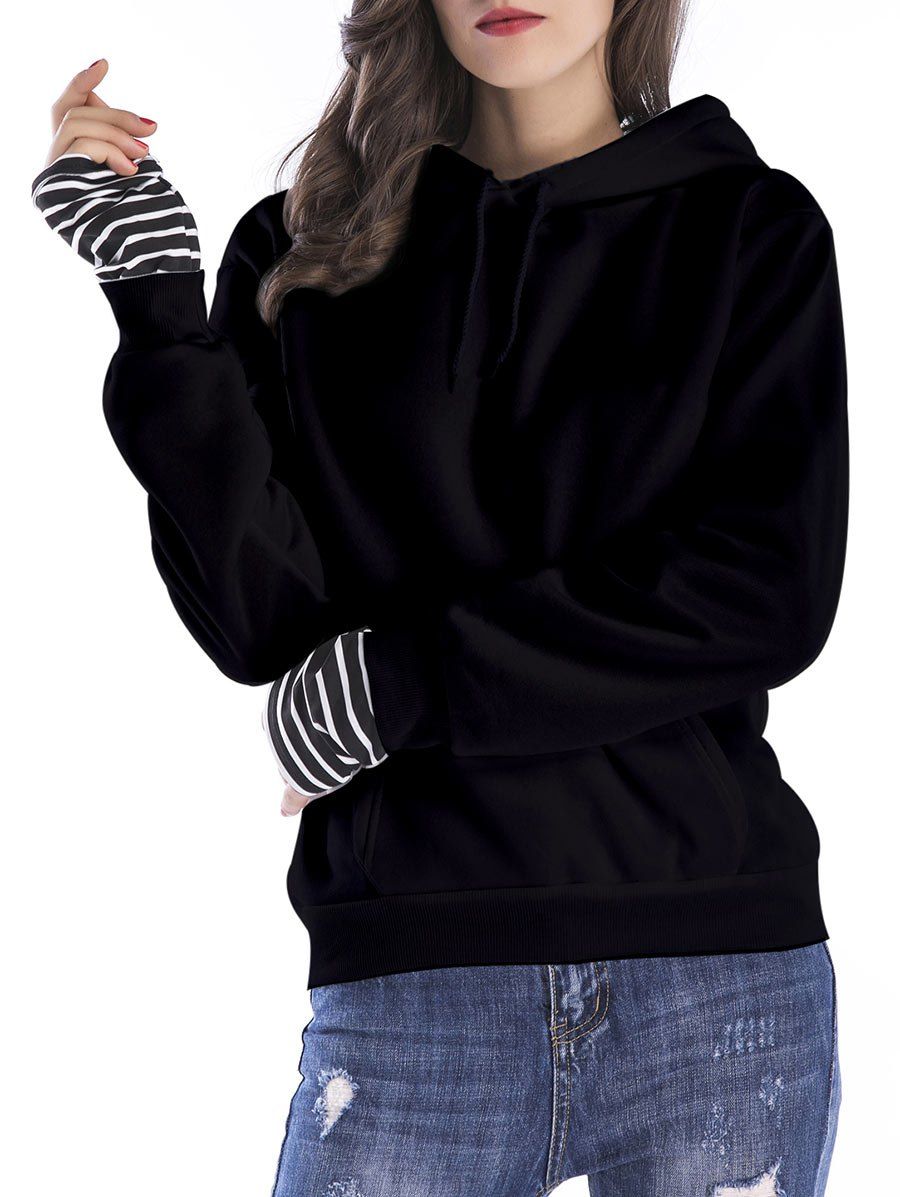 

Patchwork Striped Kangaroo Pocket Hoodie, Black