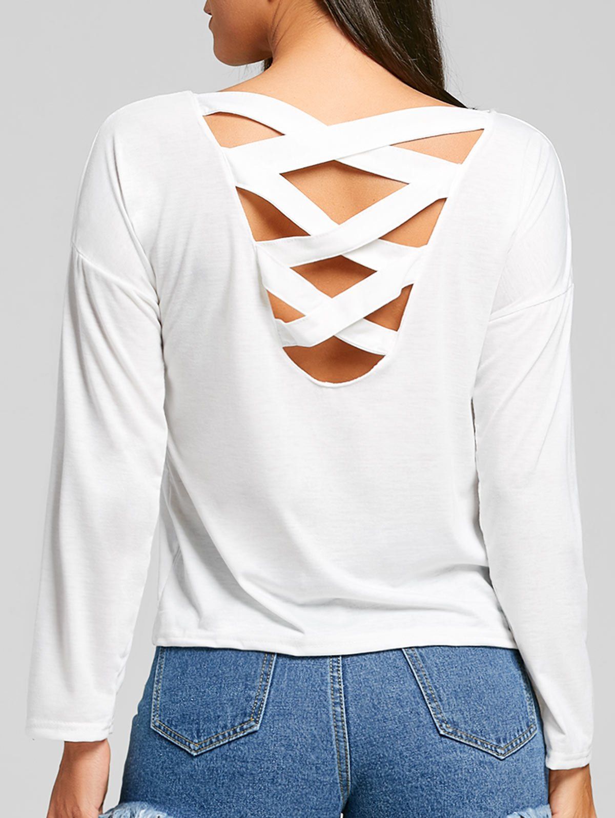 

Drop Shoulder Long Sleeve Criss Cross T-shirt, White
