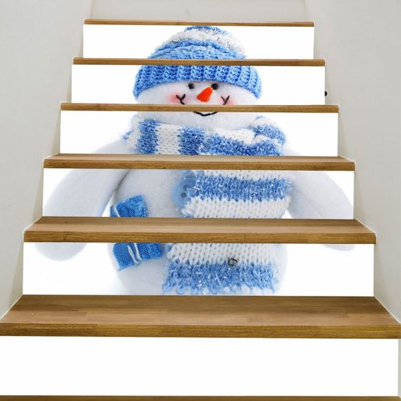 Autocollants D'escalier Décoratifs Motif Bonhomme de Neige à Foulard - Bleu et Blanc 100*18CM*6PCS