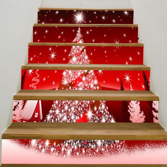 Autocollants D'escalier Décoratifs Imprimé Sapin de Noël Illuminé - Rouge 100*18CM*6PCS