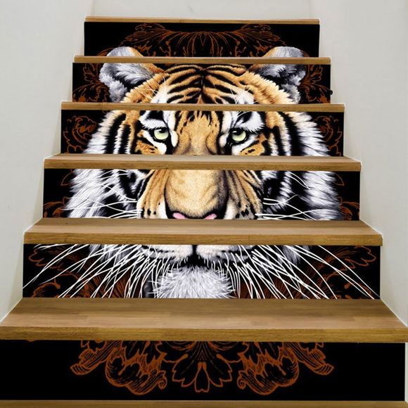 Autocollants D'escalier Imprimé Tête de Tigre 3D - Brun 100*18CM*6PCS