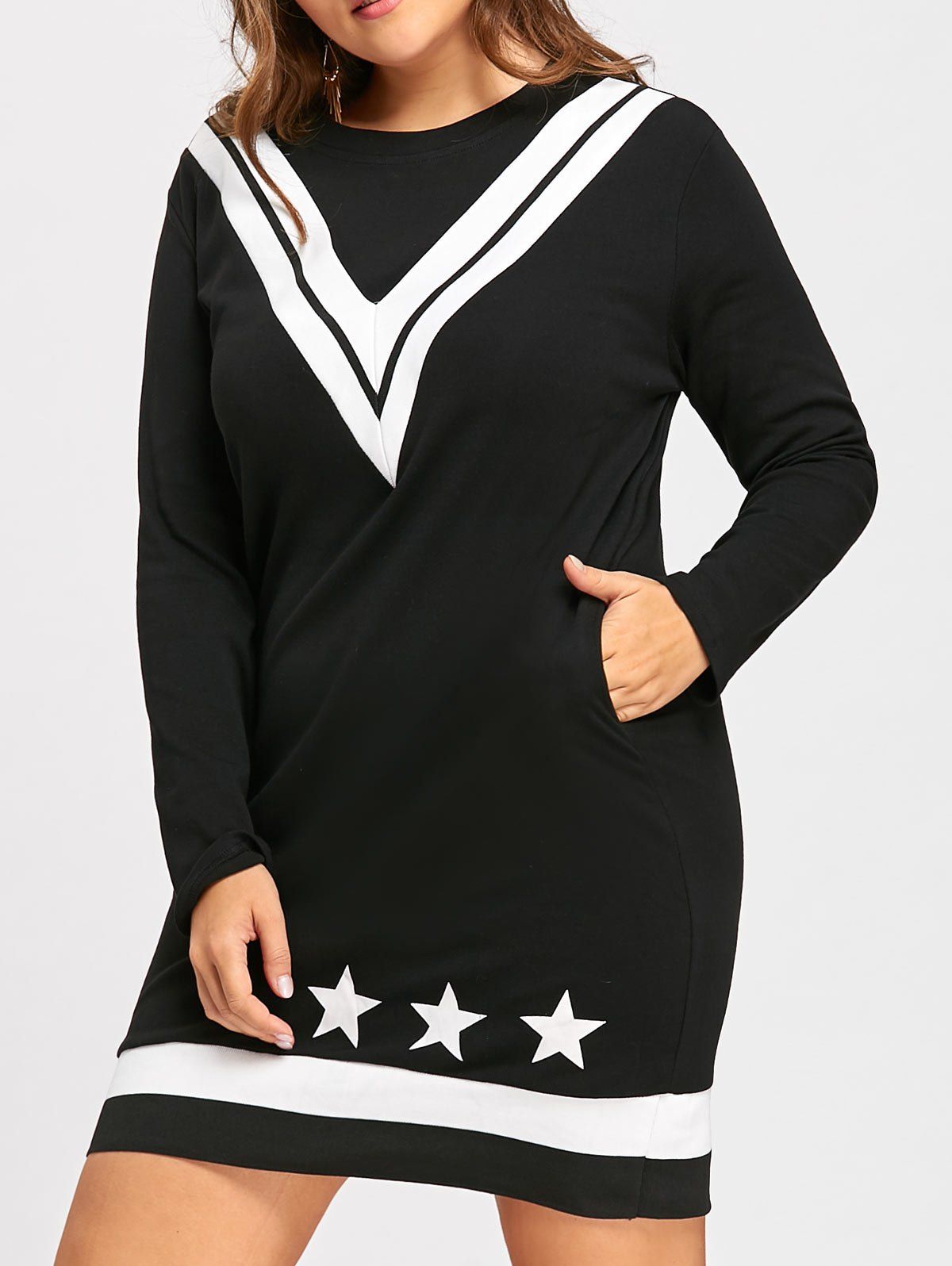 

Plus Size Stars V Stripe Straight Sweater Dress, Black