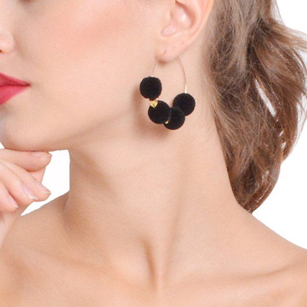 

Pompon Ball Metal Hoop Earrings, Black