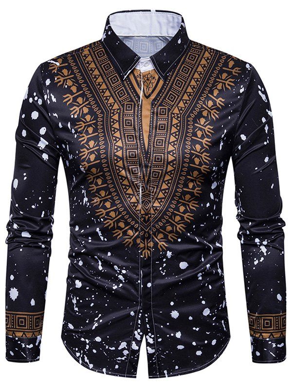 

Geometric Splatter Paint Ethnic Print Shirt, Black