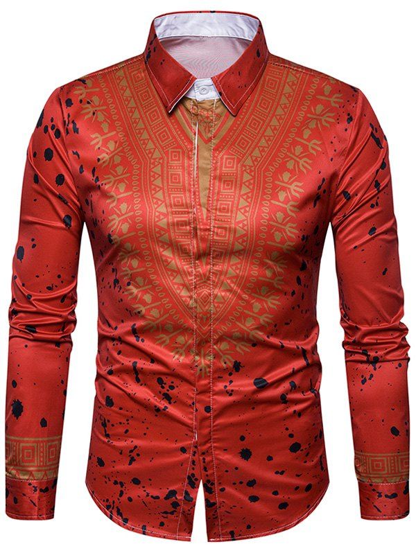 

Geometric Splatter Paint Ethnic Print Shirt, Red