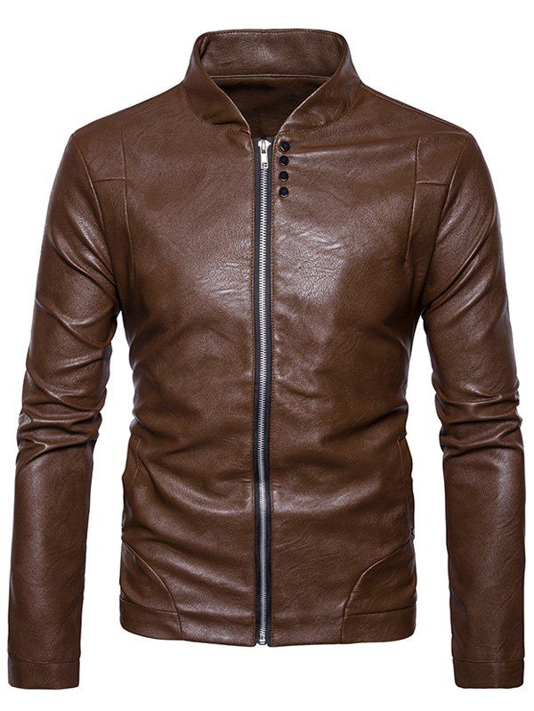 

Embellished Zip Up Faux Leather Jacket, Brown