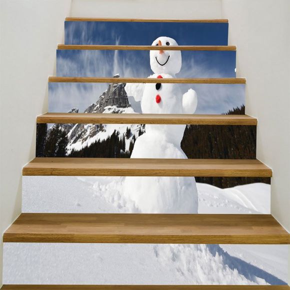 Autocollants D'escalier Amovibles Imprimé Bonhomme de Neige et Montagne Enneigée - coloré 100*18CM*6PCS