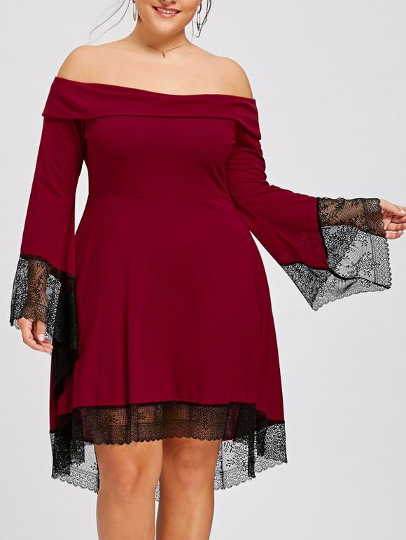 Robe à Bordure en Dentelle à épaules Dénudées Grande Taille - Rouge XL