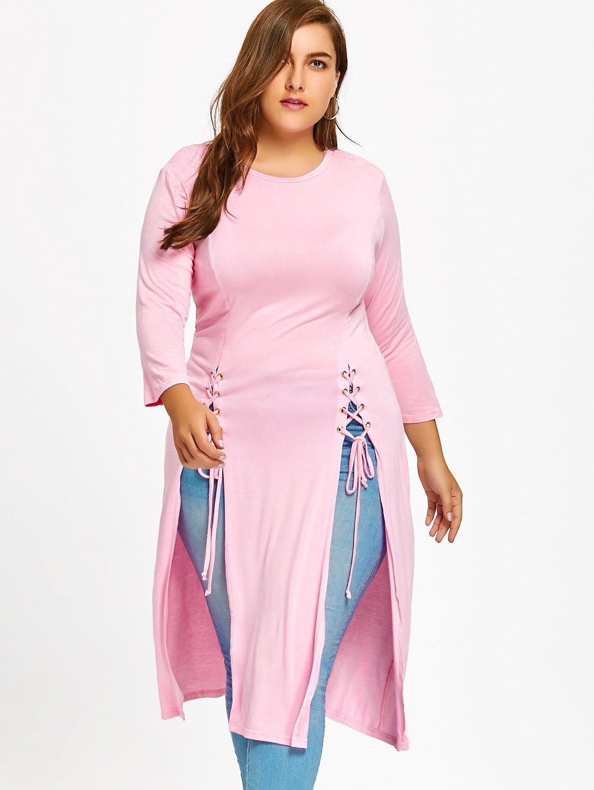 

Lace Up High Slit Plus Size Top, Pink
