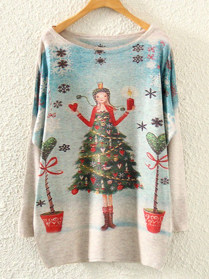 Christmas Dolman Sleeve Print Knitwear - BEIGE ONE SIZE