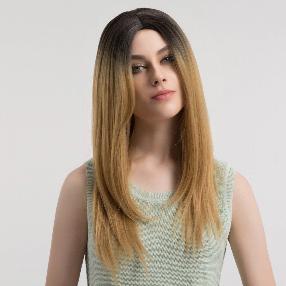 

Long Ombre Center Parting Straight Synthetic Wig, Drak blonde ombre