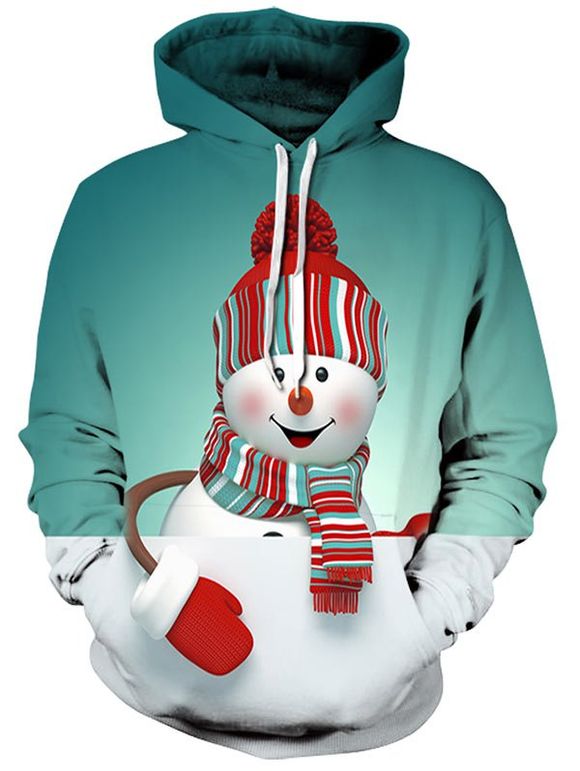 Sweat-Shirt à Capuche avec Imprimé Bonhomme de Neige de Noël 3D et Poche Kangourou - Vert Clair de Mer L
