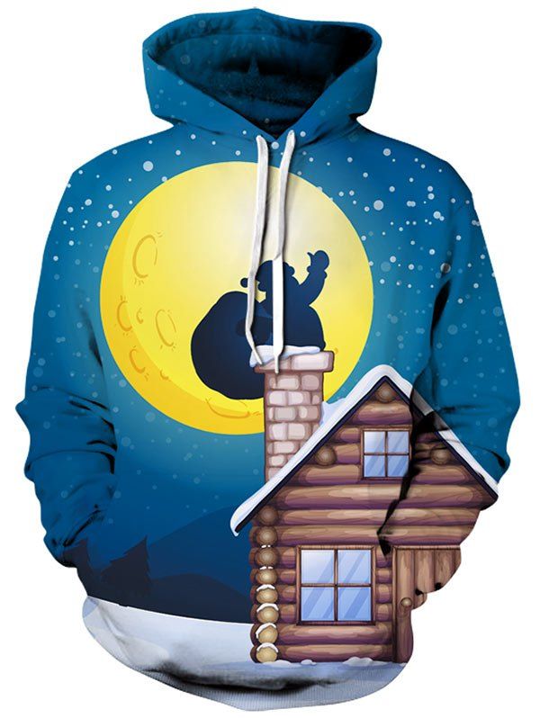 

Kangaroo Pocket Christmas Chimney Print Hoodie, Blue