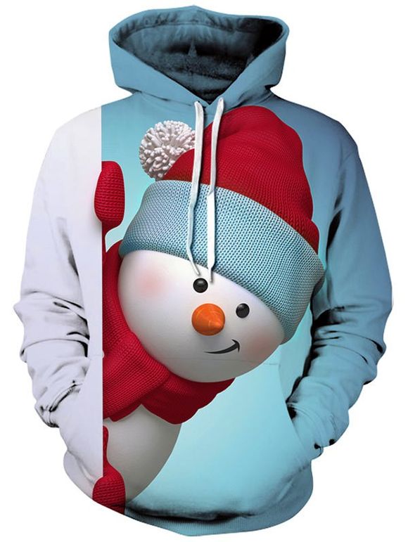 Sweat à Capuche de Noël 3D Bonhomme de Neige Imprimé avec Poche Kangourou - Bleu clair L