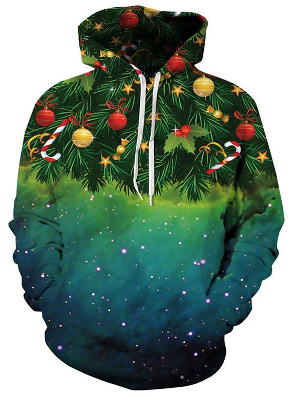 Sweatshirt à Capuche Imprimé Noël avec Poche Kangourou - Vert XL