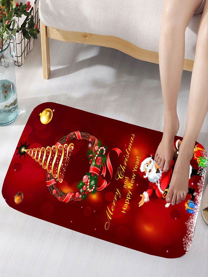 

Christmas Wreath Santa Claus Print Flannel Bath Mat, Dark red