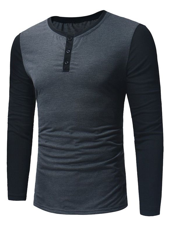 T-Shirt Henley à Manches Longues avec Empiècement de Couleurs - gris foncé XL