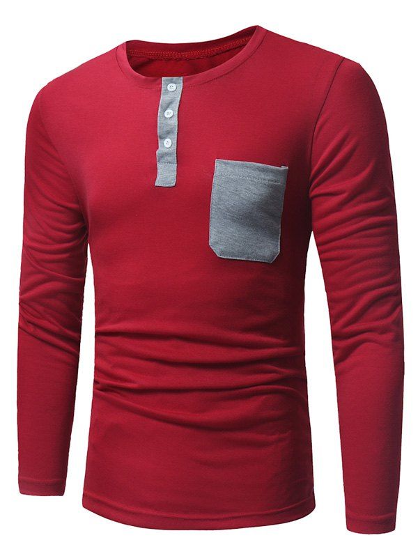 [35% OFF] 2020 Pocket Long Sleeve Henley T-Shirt In RED | DressLily