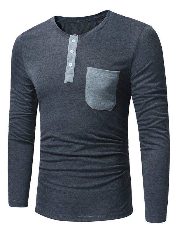 [35% OFF] 2021 Pocket Long Sleeve Henley T-Shirt In DEEP GRAY | DressLily