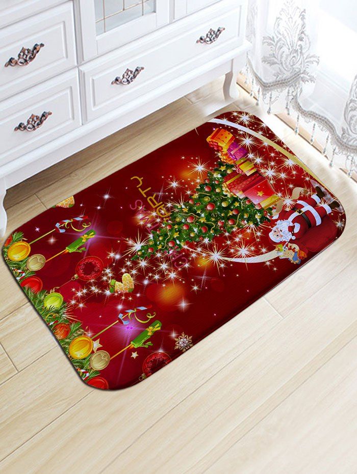 

Christmas Tree Gift Santa Claus Print Skidproof Flannel Bath Mat, Red