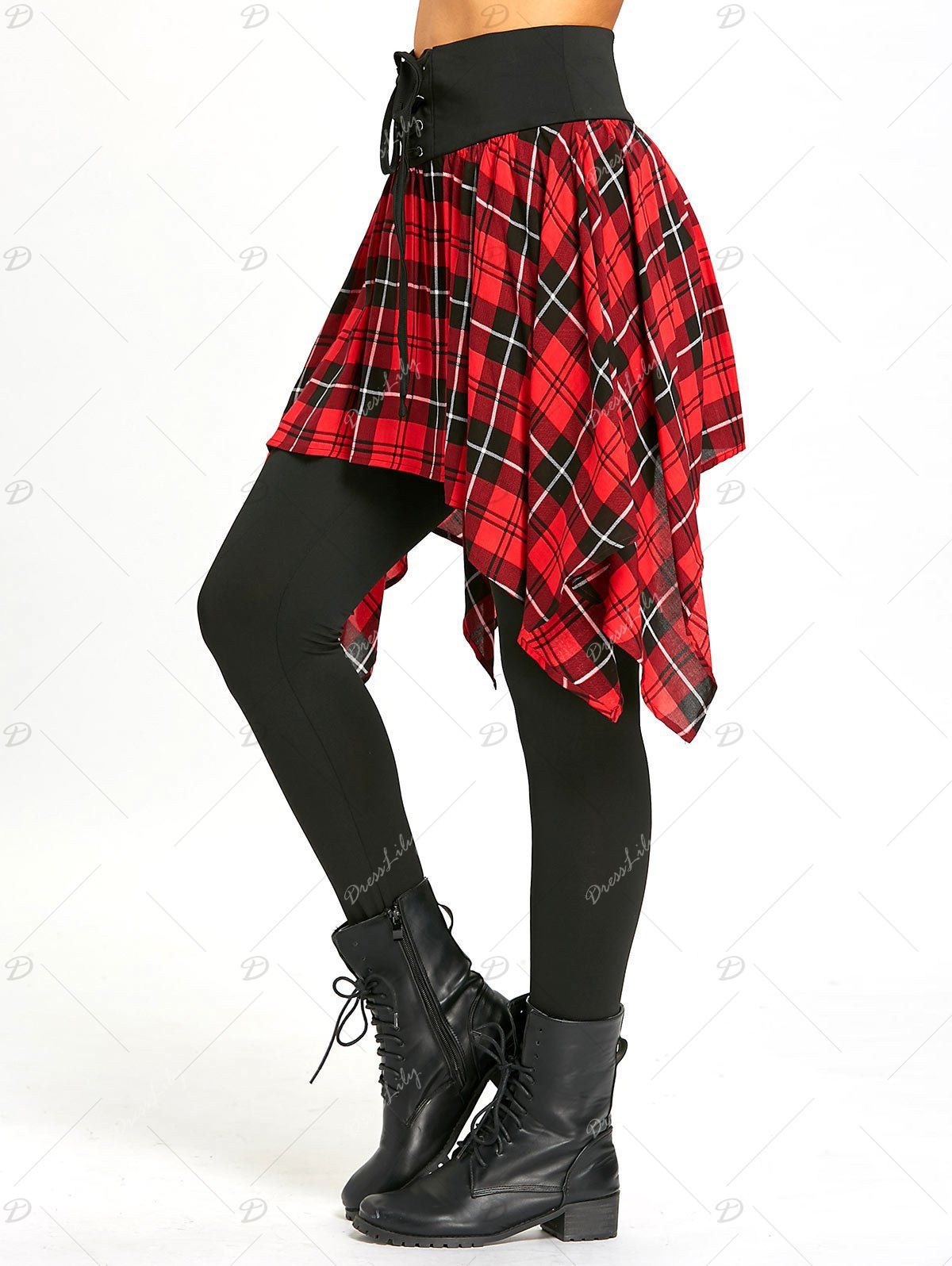 2018 Asymmetric Plaid Lace Up Tight Skirted Leggings BLACK/RED M In