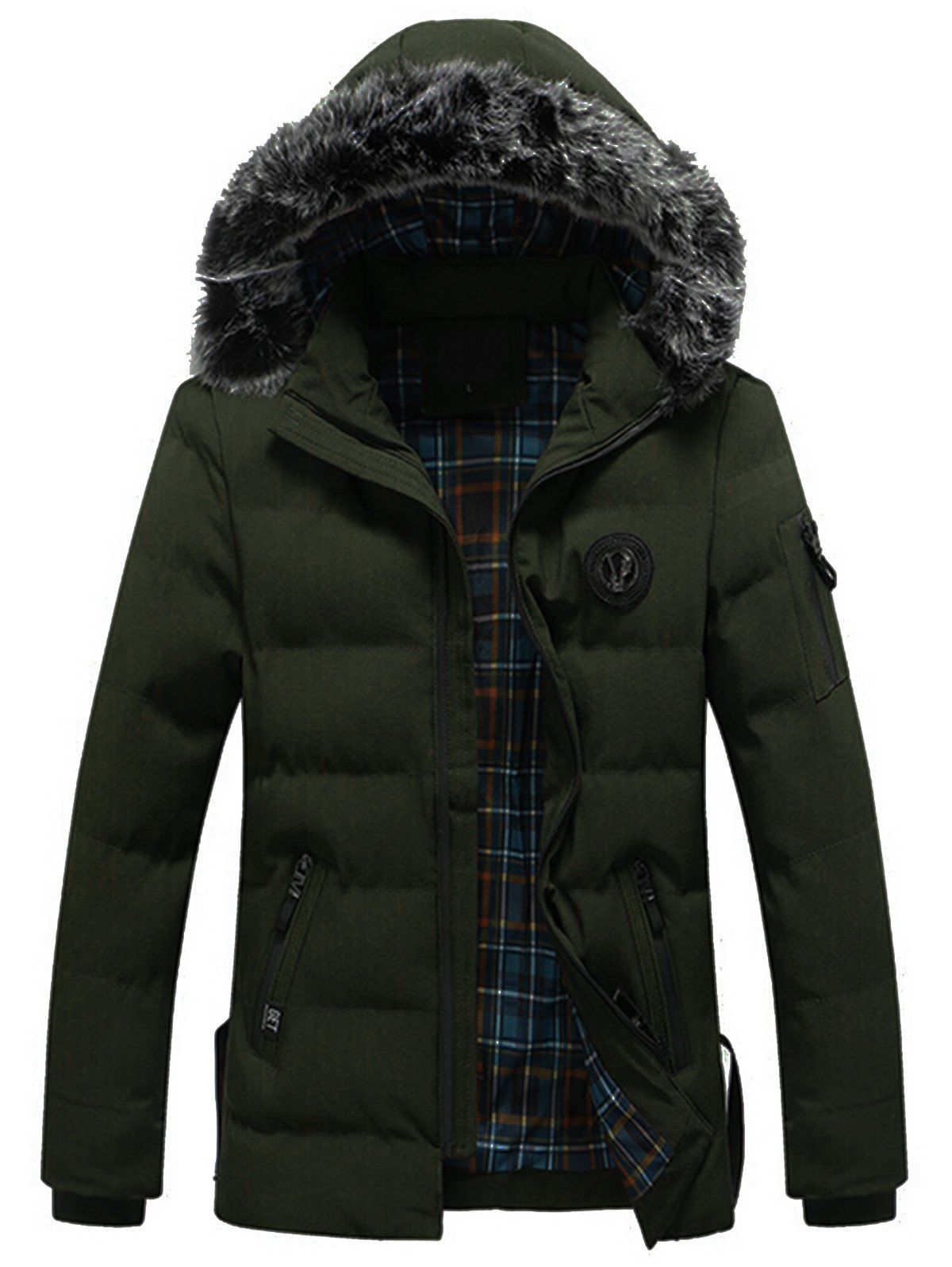 

Chest Patch Faux Fur Hooded Puffer Jacket, Green