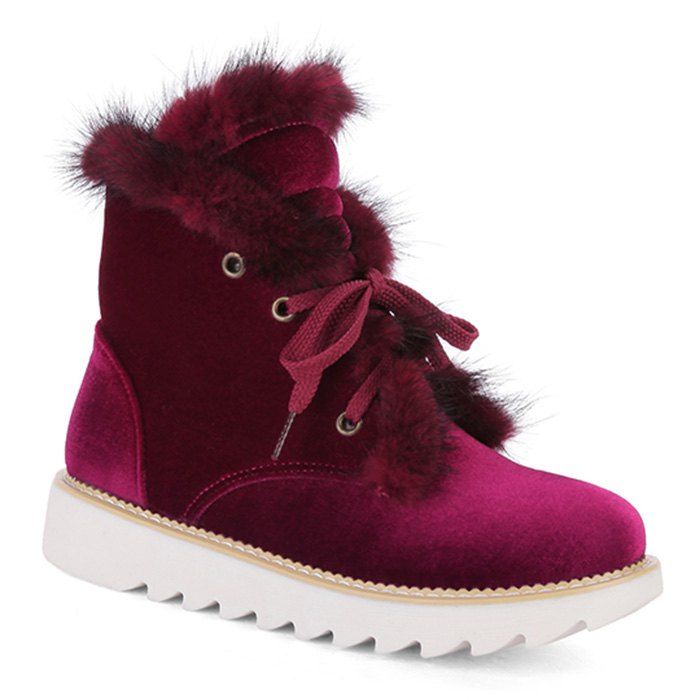 

Splicing Faux Fur Lace Up Short Boots, Wine red