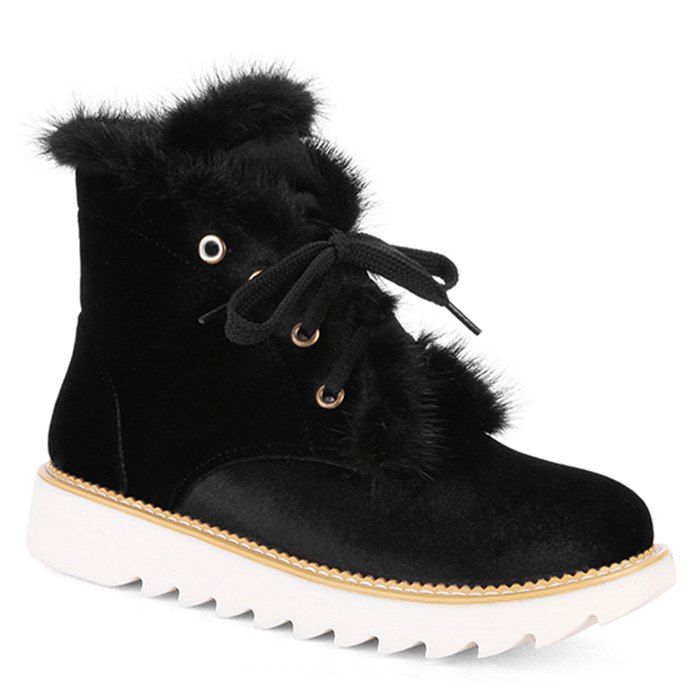 

Splicing Faux Fur Lace Up Short Boots, Black