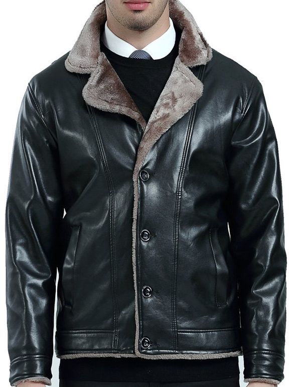 Manteau en Cuir PU avec Doublure Polaire et Fermeture Boutonnée - Noir XL