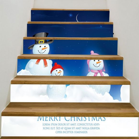 Autocollants D'escalier Imprimé Famille de Bonhommes de Neige Sous une Nuit Étoilée - Bleu et Blanc 100*18CM*6PCS