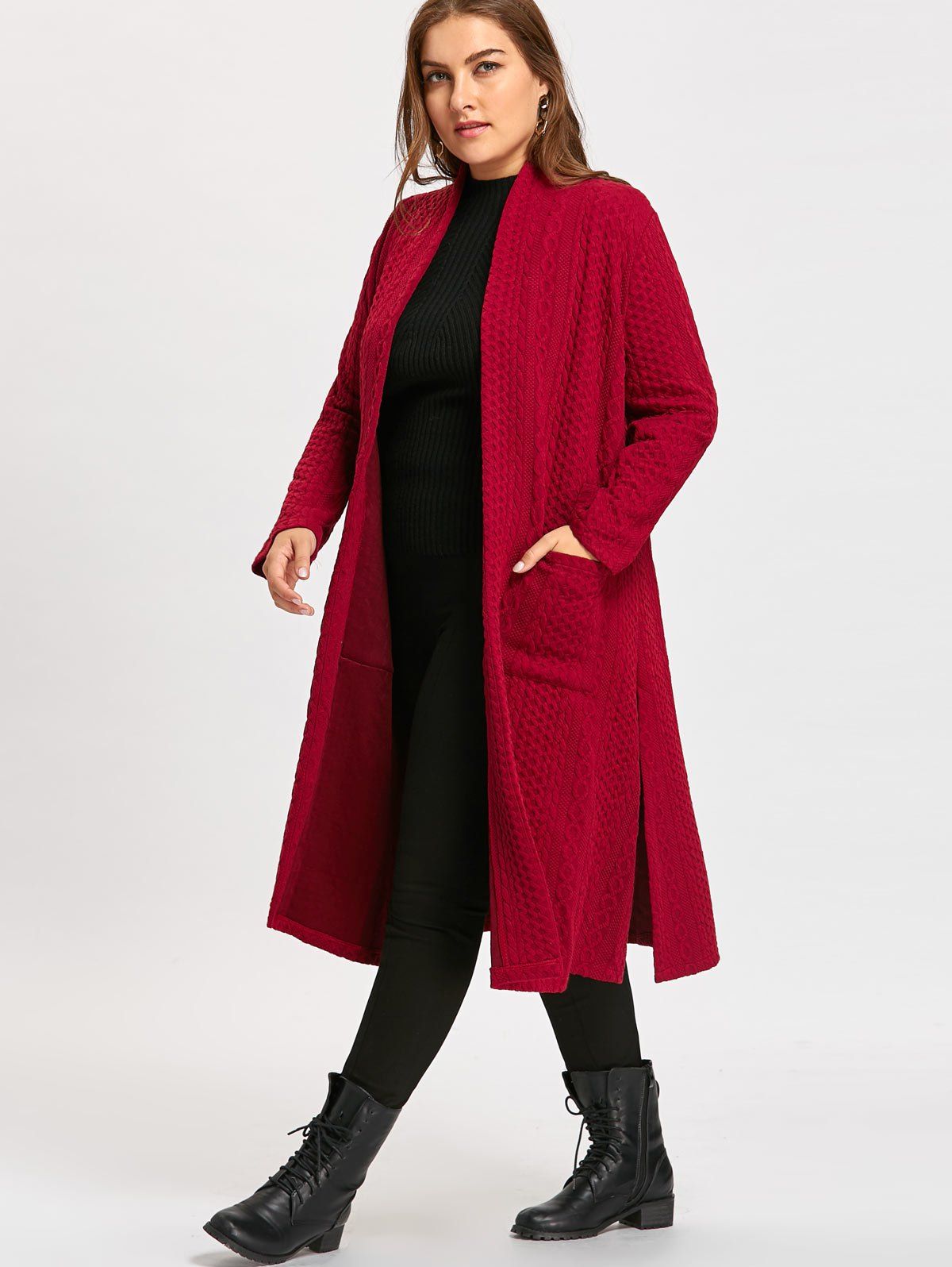 Photo Gallery Collarless Plus Size Jacquard Slit Maxi Coat