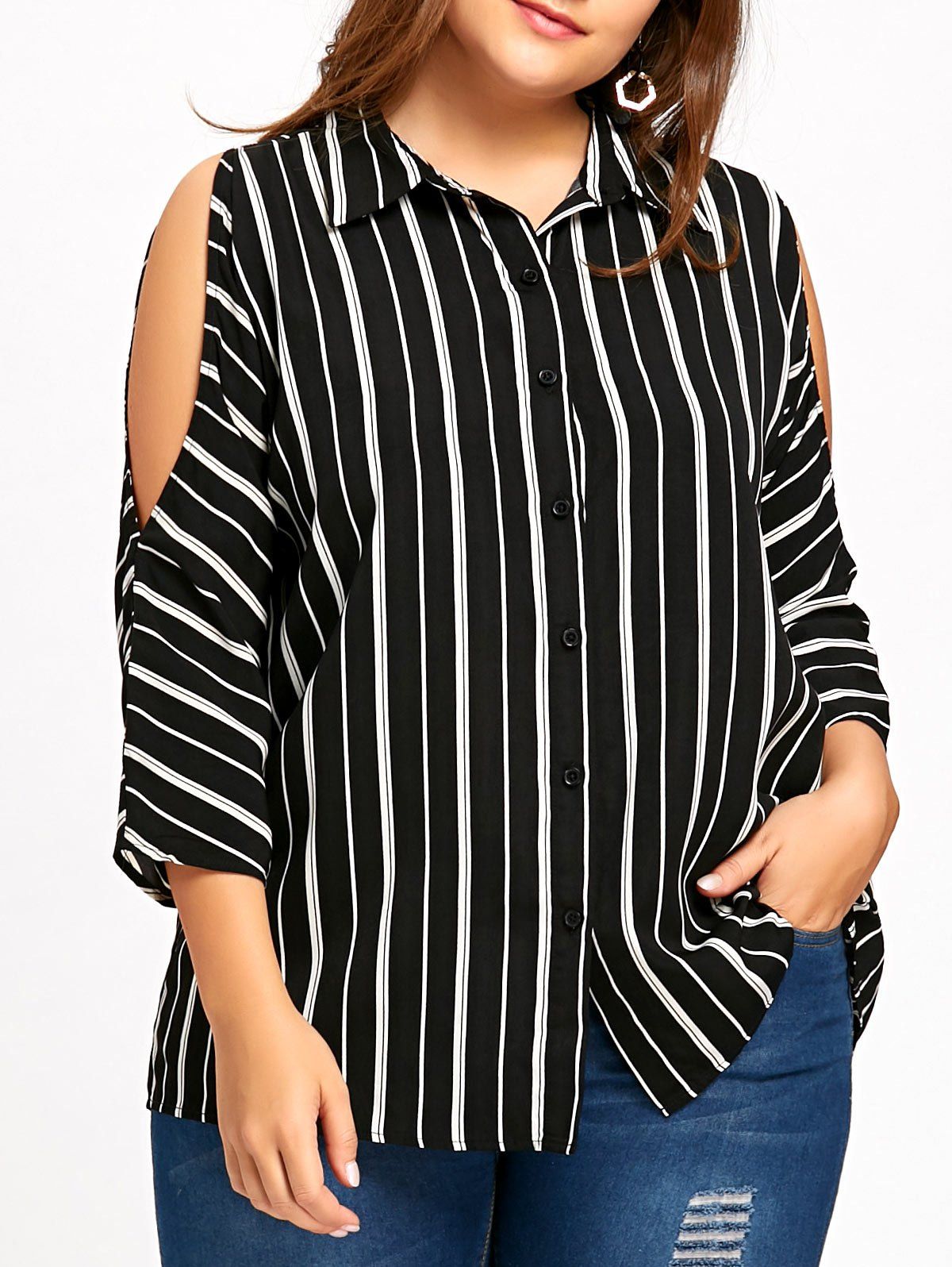 

Plus Size Cold Shoulder Striped High Low Blouse, White and black