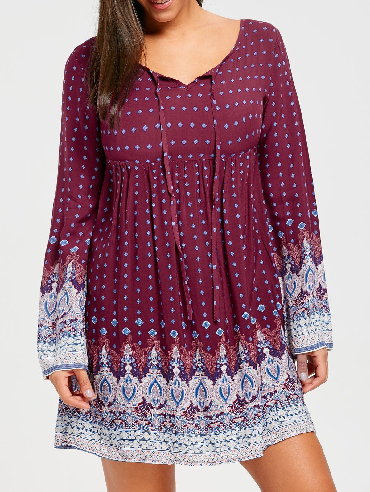 

Keyhole Bell Sleeve Bohemian Mini Dress, Wine red