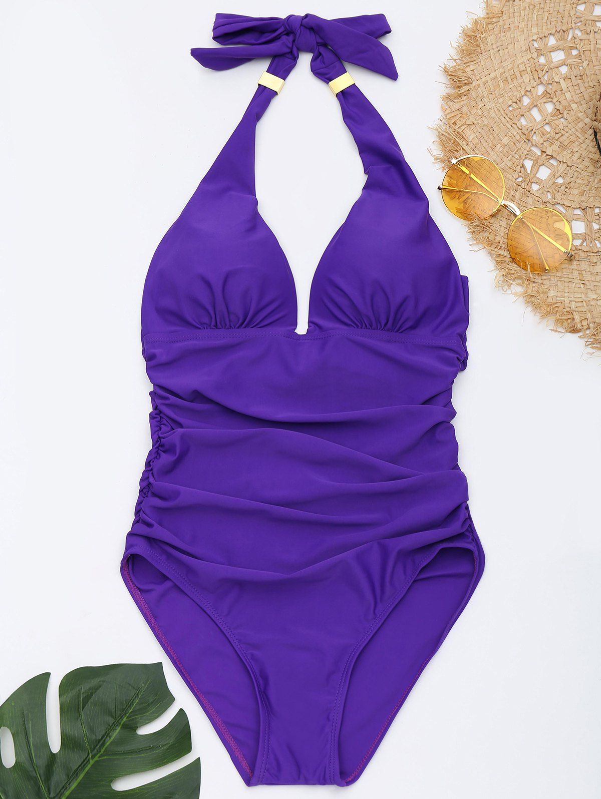 [17% OFF] 2019 One Piece Ruched Halter Swimsuit In PURPLE | DressLily